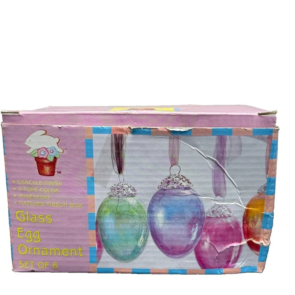 Vintage Spring Easter Crackle Glass Heavy‎ Ornaments- Set of 6 Kugel Style Eggs